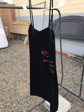 Vtg Y2K Status Collection Black Velvet Rose 3D Floral Mini Dress M